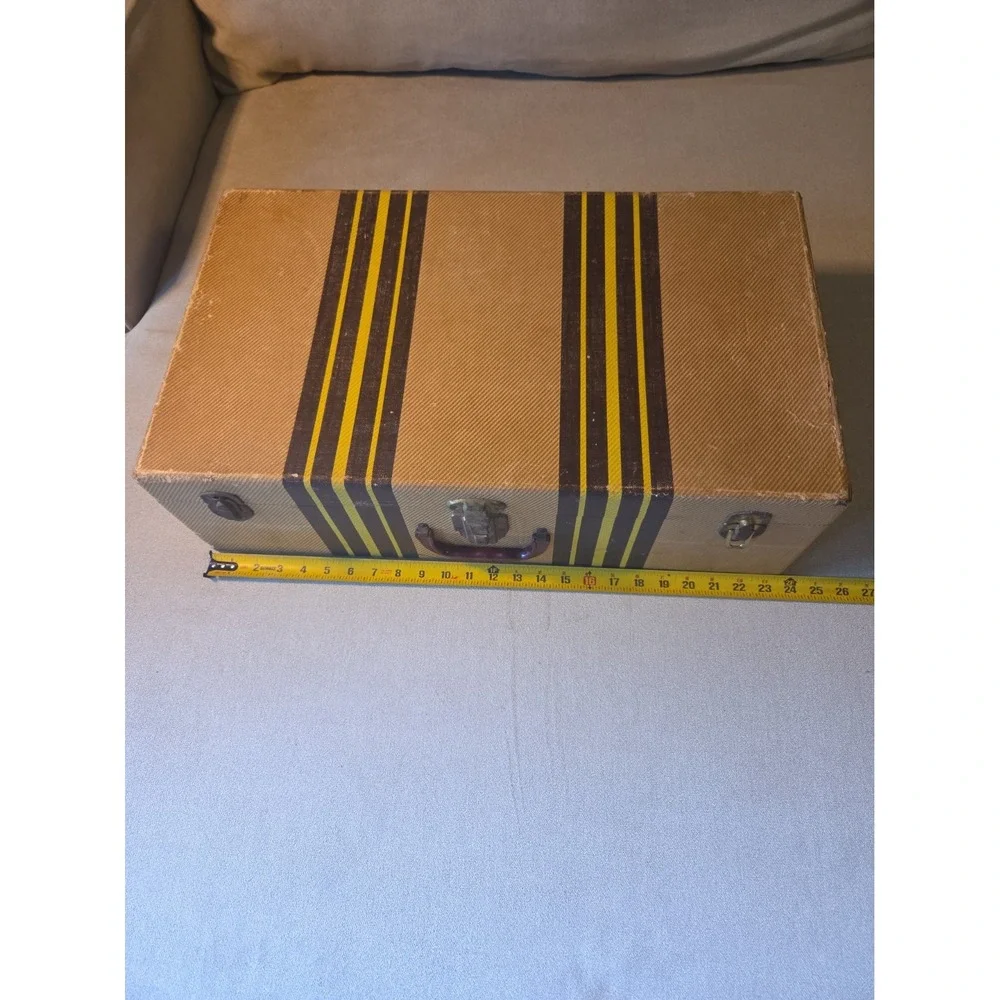 Vintage 1940s Tweed Suitcase Hardcase Luggage Brown & Yellow Stripes Prop Decor